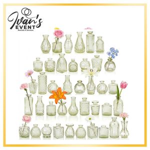 Set of 40 Decorative Vases Green, green vase rentals Los Angeles, event decor Los Angeles, wedding centerpieces LA, party rentals Los Angeles, decorative glass vases, event styling services, Los Angeles event rentals, bulk vase rental California