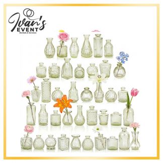 Set of 40 Decorative Vases Green, green vase rentals Los Angeles, event decor Los Angeles, wedding centerpieces LA, party rentals Los Angeles, decorative glass vases, event styling services, Los Angeles event rentals, bulk vase rental California