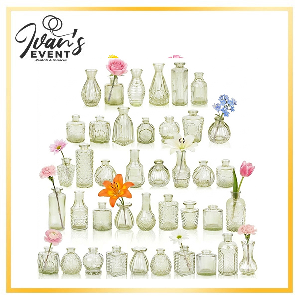 Set of 40 Decorative Vases Green, green vase rentals Los Angeles, event decor Los Angeles, wedding centerpieces LA, party rentals Los Angeles, decorative glass vases, event styling services, Los Angeles event rentals, bulk vase rental California