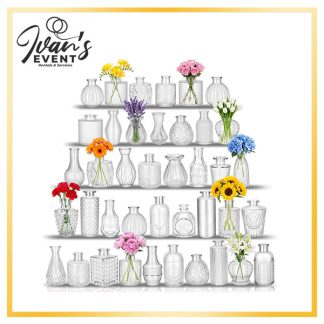 Set of 40 Decorative Vases Clear, Event rentals Los Angeles, Clear vase hire LA, Wedding centerpieces rental, Party decor Los Angeles, Glass vases for events, Bulk vase rental LA, Event staging supplies, Table decor rentals California