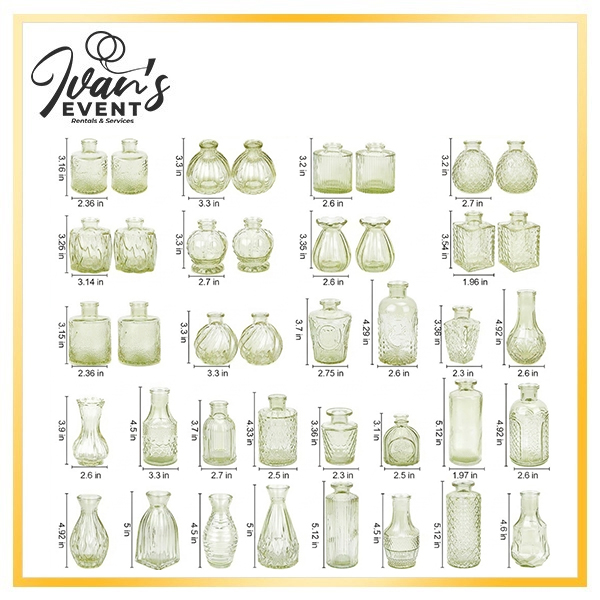 Set of 40 Decorative Vases Green, green vase rentals Los Angeles, event decor Los Angeles, wedding centerpieces LA, party rentals Los Angeles, decorative glass vases, event styling services, Los Angeles event rentals, bulk vase rental California